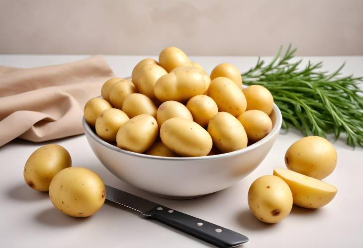 Bowl of Raw Potatoes with Knife on Light Background A Rustic Kitchen Display