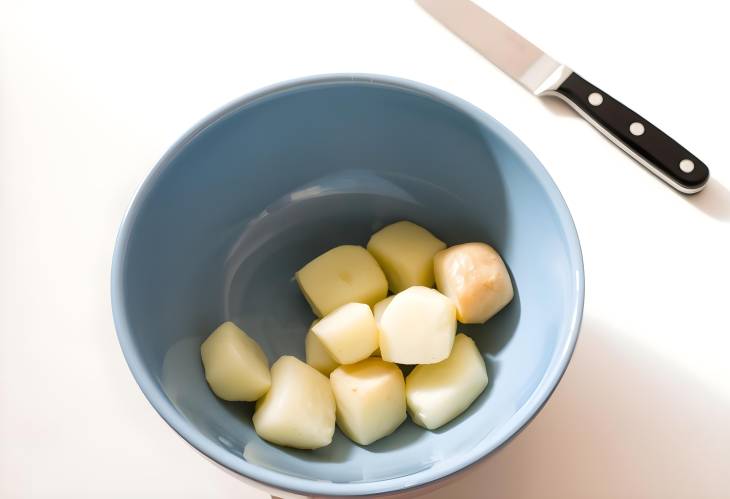 Bowl of Raw Potatoes with Knife on Light Background Ready for Rustic Cooking