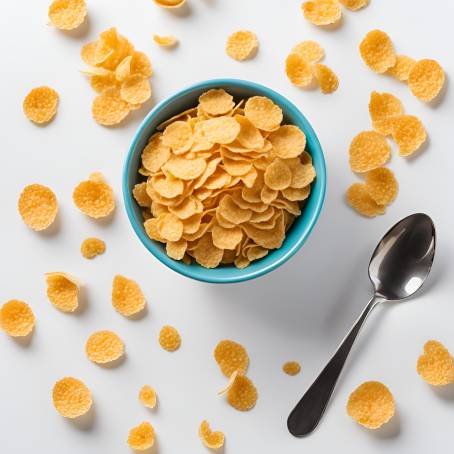 Breakfast Cereal Isolated Bowl of Corn Flakes with Spoon, Fresh and Crunchy on White Background