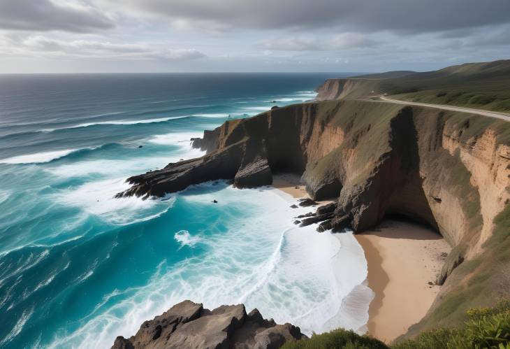 Breathtaking Cliffside with Turquoise Ocean Waves Crashing Against Rocky Shoreline