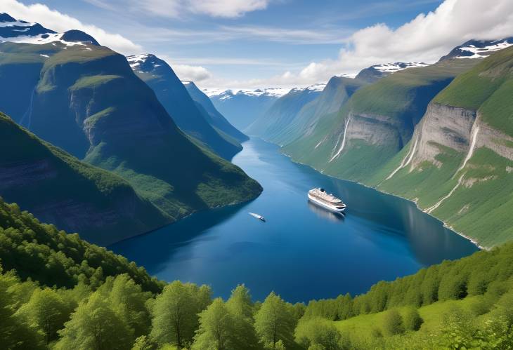 Breathtaking Fjord Views Sunnylvsfjorden and Cruise Ship Near Geiranger, Norway