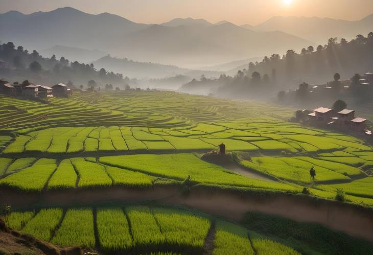 Breathtaking Morning Landscape of Agricultural Fields in Kathmandu, Nepal