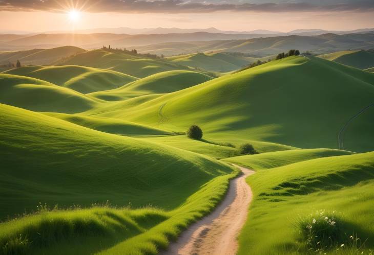 Breathtaking Summer Landscape with Rolling Hills and a Sunlit Path