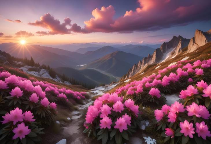 Breathtaking Summer Mountains Pink Rhododendron and White Flowers at Sunset