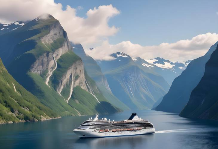 Breathtaking Sunnylvsfjorden Fjord and Cruise Ship Near Geiranger, Western Norway