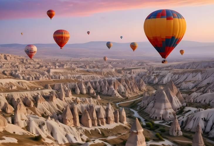 Breathtaking Sunrise Over Cappadocia with Colorful Balloons in the Sky