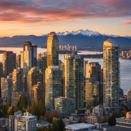 Breathtaking Sunset View of Downtown Vancouver Skyline in British Columbia, Canada