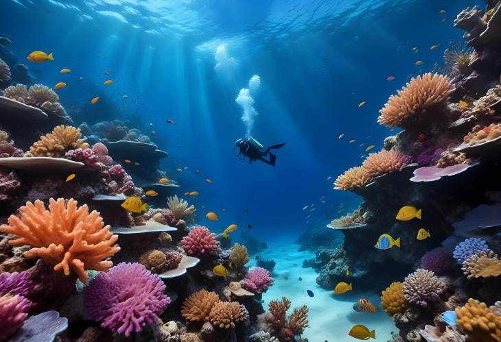 Breathtaking Underwater View of Coral Reefs with Diverse Marine Life and a Diver