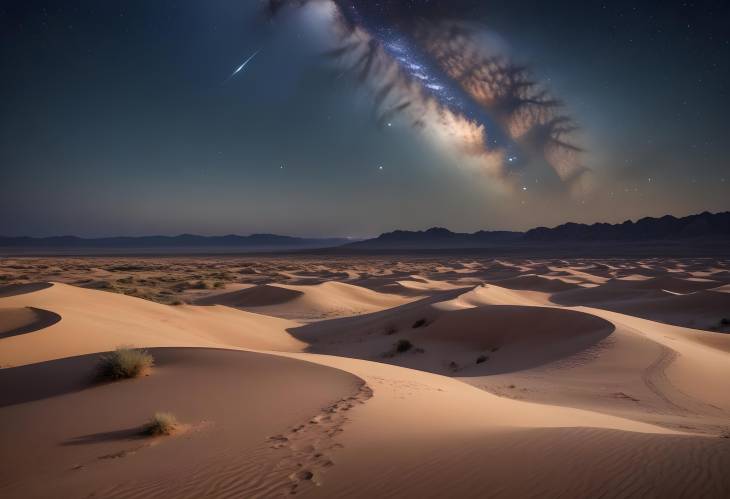 Breathtaking View of a Starry Night Sky Over an Ancient Desert Landscape with Sand Dunes and Rocky