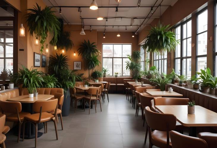 Bright and Airy Cafe Interior with Indoor Plants  Modern and Welcoming