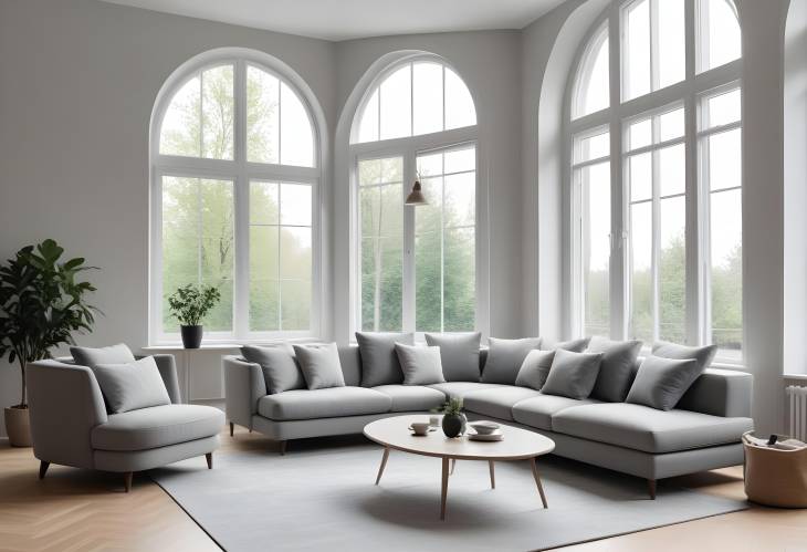 Bright and Airy Living Room with Grey Sofas and Large Window for Cozy Comfort