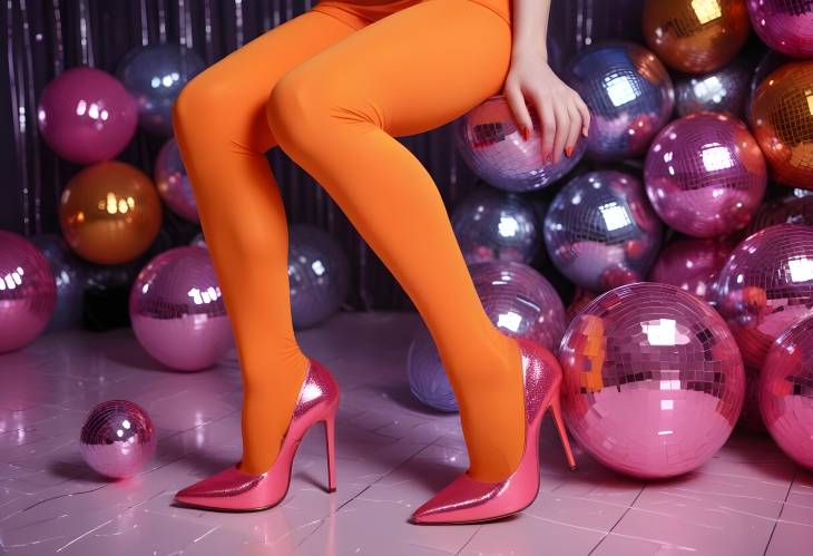 Bright and Bold Woman in Orange Tights and Pink Heels with Disco Balls Close Up