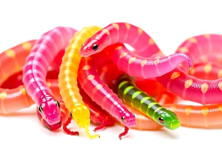 Bright and Chewy Jelly Worms and Snakes on White Background Isolated Candy Fun