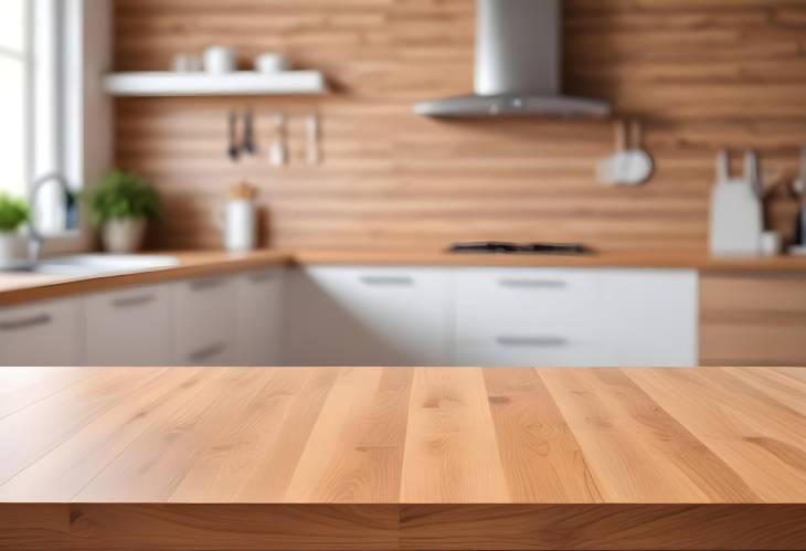 Bright and clean kitchen with bokeh background, wood table top perfect for product placement