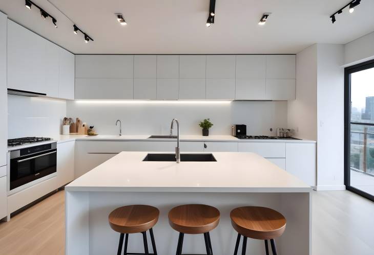 Bright and Clean Open Plan Kitchen with White Cabinets and Modern Appliances in Contemporary Setting