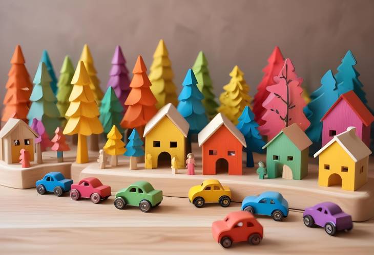 Bright and Colorful Wooden Toys Houses, Trees, Cars, and Figures for Kids Room Decor