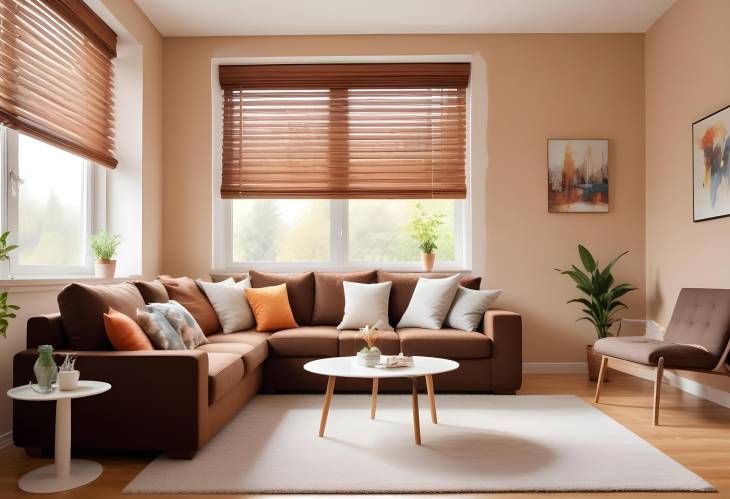 Bright and Cozy Living Room with Brown Couch, Art, and Large Window with Blinds for Natural Light