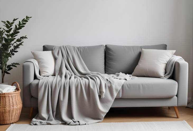 Bright and Cozy Living Room with Grey Sofa, Basket, and Soft Blanket for Elegant Touch