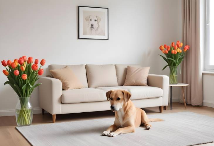 Bright and Cozy Living Room with Modern Sofa, Tulips, and Dog Elegant Home Design