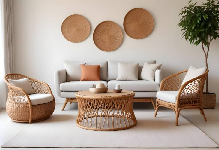 Bright and Cozy Living Room with Sofas, Rattan Table, and Soft Carpet