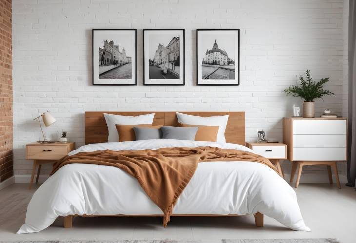 Bright and Elegant Bedroom with Comfy Bed, Bedside Tables, Chest of Drawers, and Art on Brick Wall