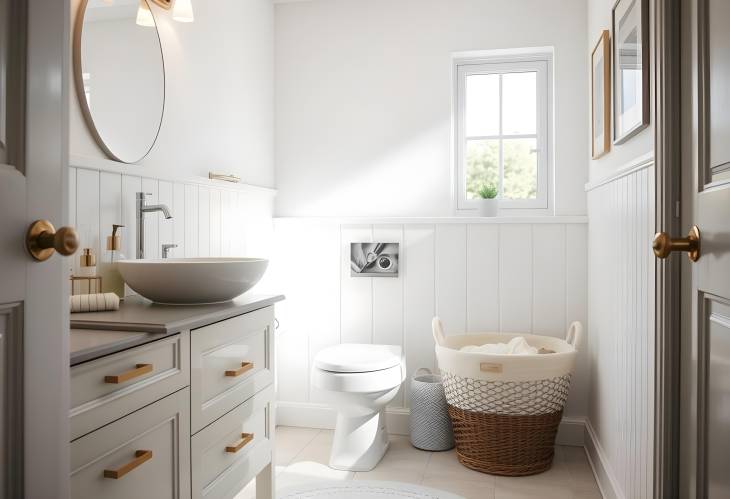 Bright and functional bathroom with drawers, toilet, and laundry basket, perfect for a tidy, clean