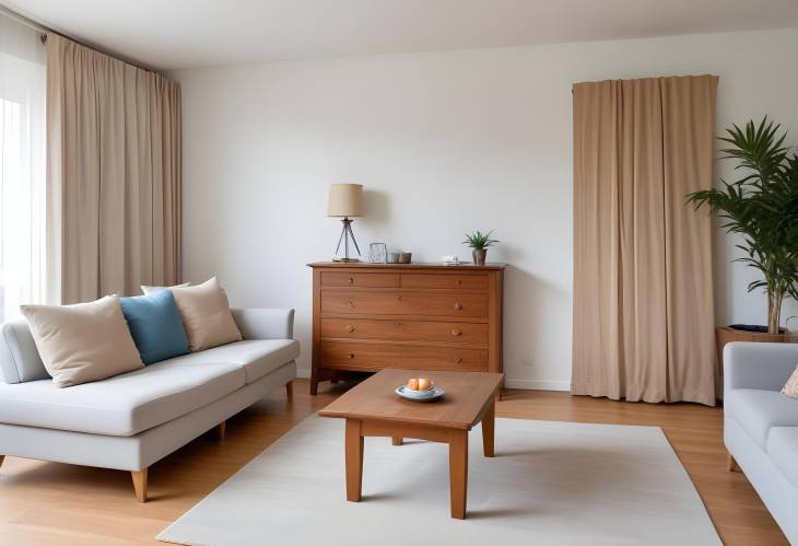 Bright and Modern Living Room with Folding Screen, Sofa, Coffee Table, and Chest of Drawers