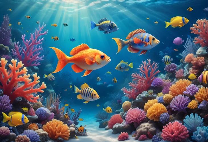 Bright and Playful Marine Scene with Colorful Fish, Coral Reefs, and Diverse Underwater Life