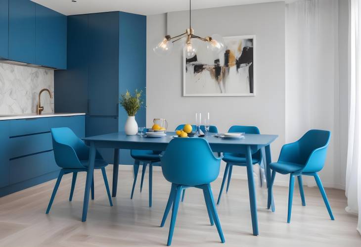 Bright and Stylish Dining Room Blue Table and Chairs in Modern, Elegant Flat Design