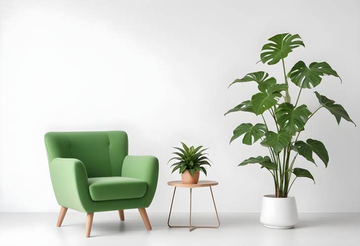 Bright and Stylish Green Armchair with Potted Plant Isolated on White