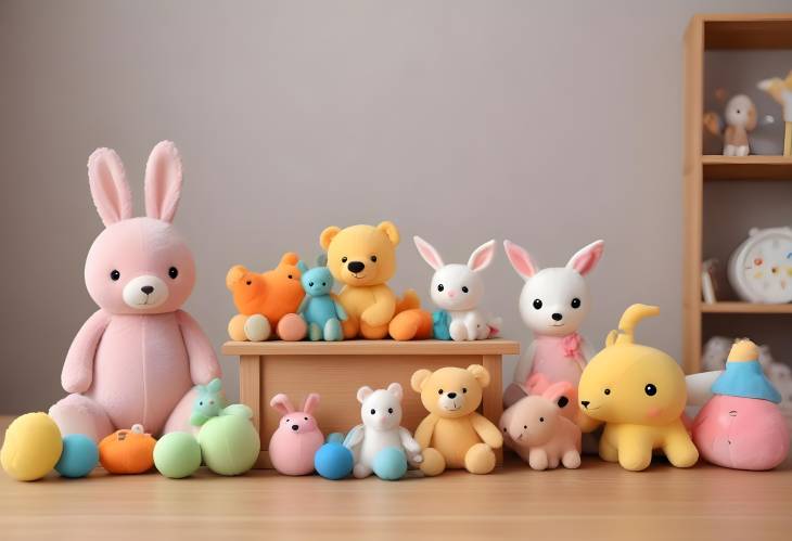 Bright Array of Cute Toys on Wooden Table in a Cheerful Childrens Room Setup