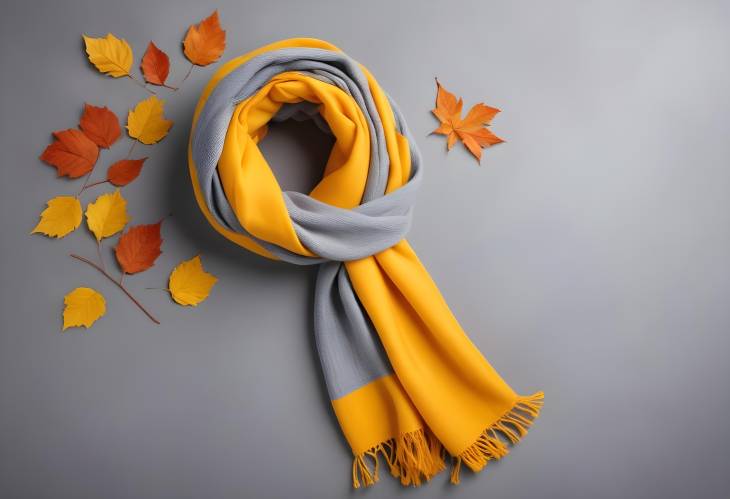 Bright Autumn Scarf Yellow Orange on Gray Background, Flat Lay View