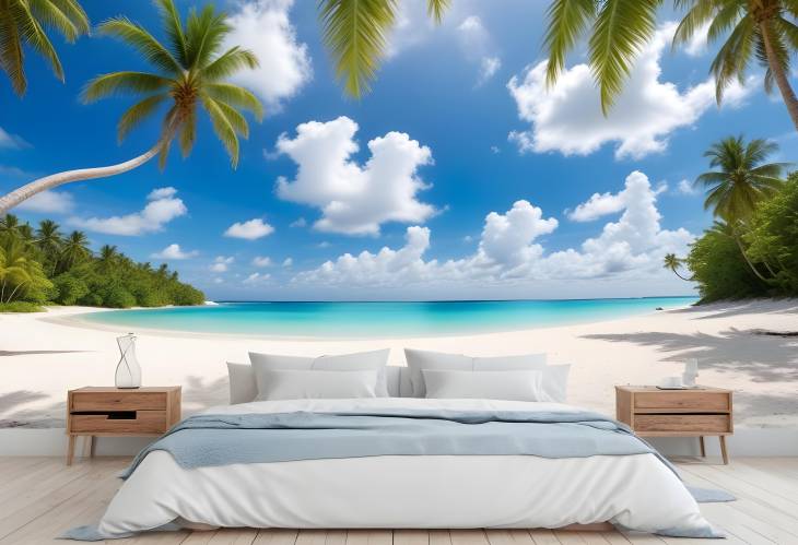 Bright Beach View White Sand, Turquoise Ocean, Green Palm Trees, and Blue Sky with Fluffy Clouds