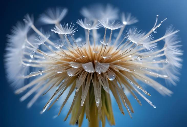 Bright Blue Background with Sparkling Water Drops on Dandelion CloseUp