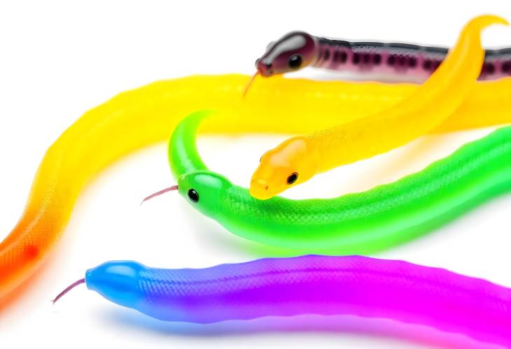 Bright Colorful Jelly Worms and Snakes Isolated Candy Fun on White Surface