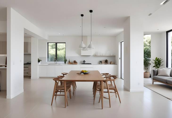 Bright Contemporary Home Interior with Open Plan Kitchen, Dining Area, White Walls by Living Room