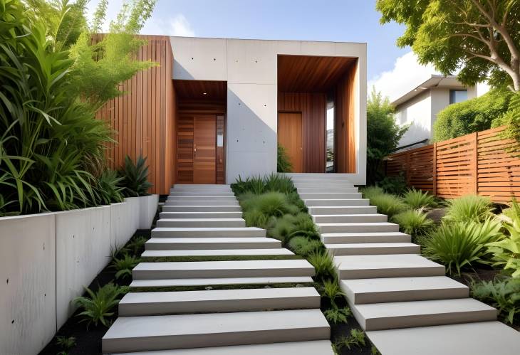 Bright Daylight on Sustainable House Facade Concrete Stairs, Wooden Slats, and Green Entry Path