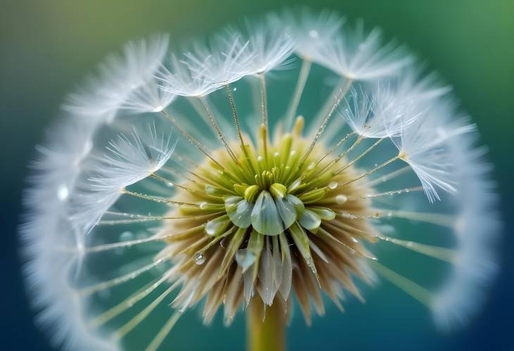 Bright Dew Drops on Dandelion Seed with Green Blue Blurred Background