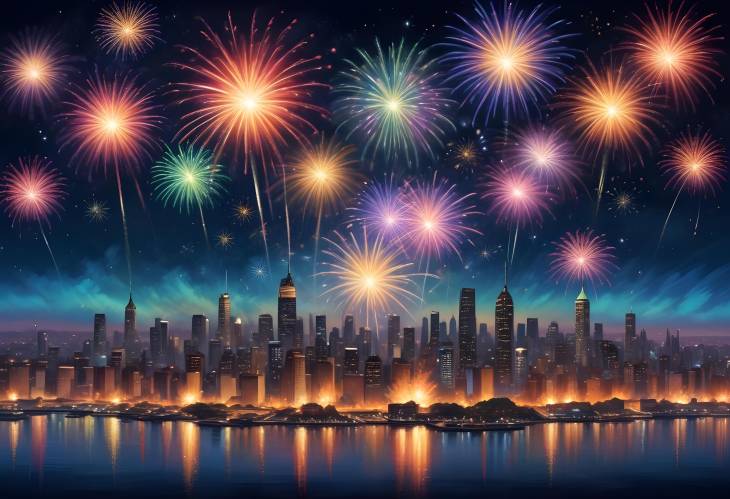 Bright Fireworks Over Cityscape Vibrant Colors Illuminating the Night Sky