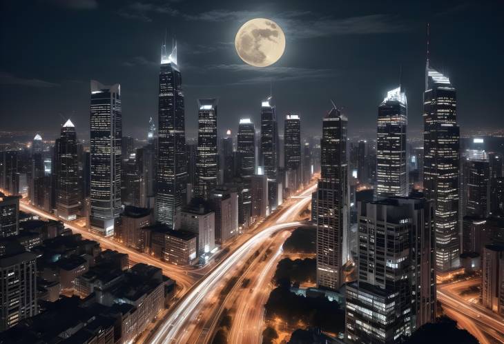 Bright Full Moon and Illuminated Skyscrapers A Stunning Night Cityscape with Streaming Traffic