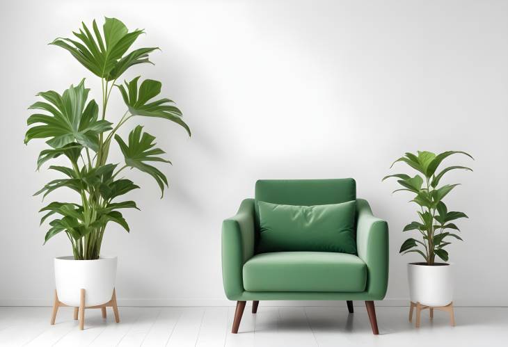 Bright Green Armchair and Plant Isolated on a Pure White Background