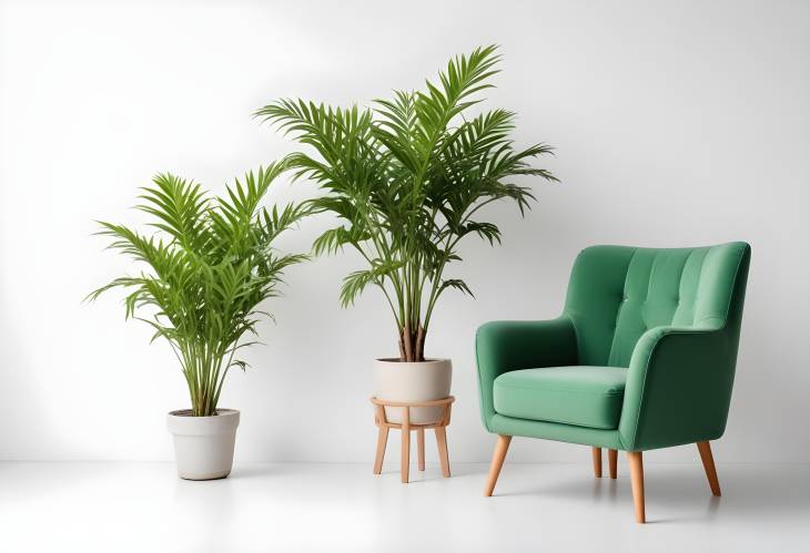 Bright Green Armchair with a Plant Isolated on a Pure White Background