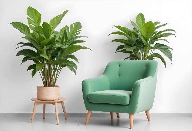 Bright Isolated Green Armchair with a Plant on a Crisp White Background