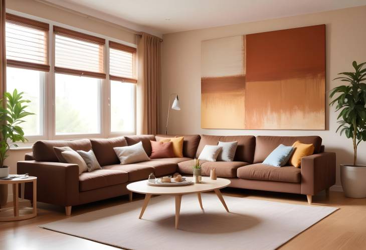 Bright Living Room Featuring Cozy Brown Couch, Wall Art, and Spacious Window with Blinds