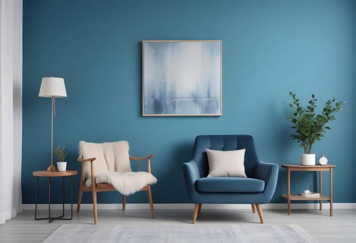 Bright Living Room with Armchair and Blue Wall Artwork Display