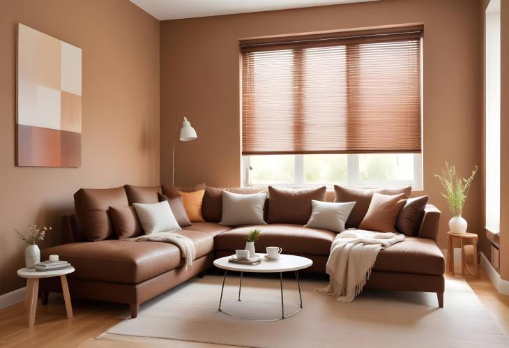 Bright Living Room with Cozy Brown Couch and Large Window with Blinds, Featuring Art on Wall