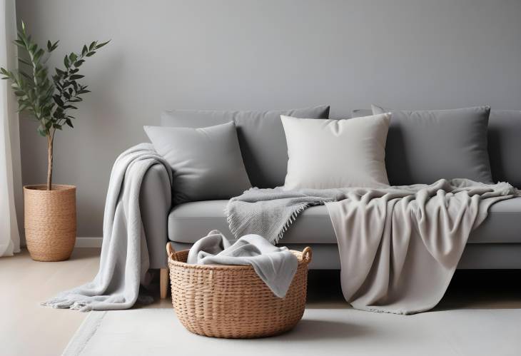 Bright Living Room with Cozy Grey Sofa, Basket, and Soft Blanket for Stylish Comfort