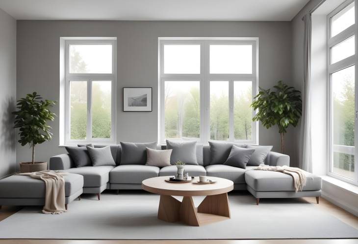 Bright living room with grey sofa, coffee table, and large window, offering a cozy and modern feel