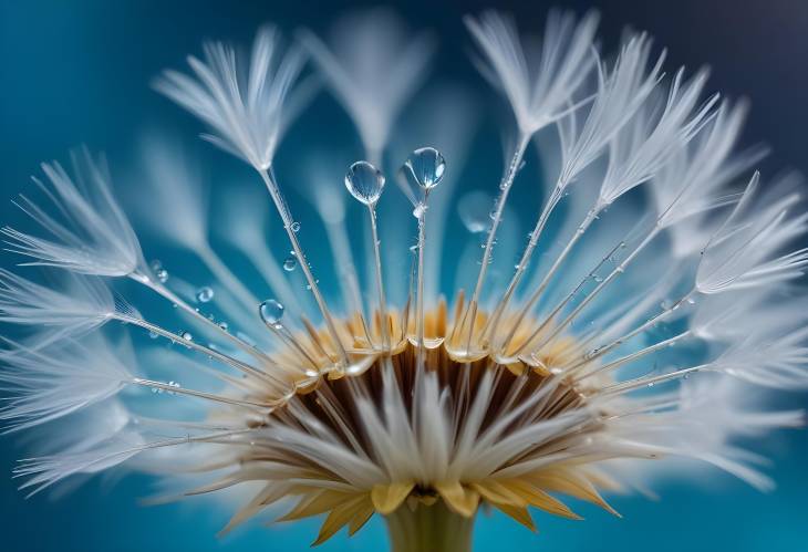 Bright Macro of Water Drop on Dandelion Seed with BlueTurquoise BG