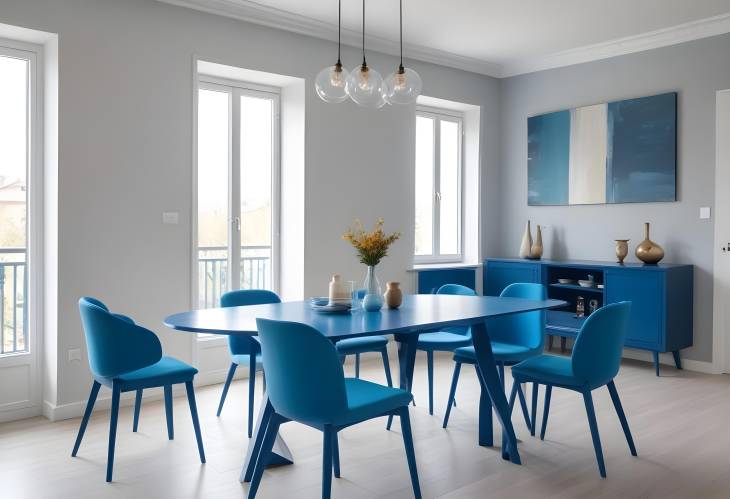 Bright Modern Dining Room Blue Table and Chairs in a Chic, Contemporary Flat Design